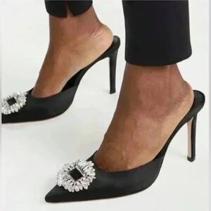 NIB Good American Cinderella Black Satin Jeweled Heels
